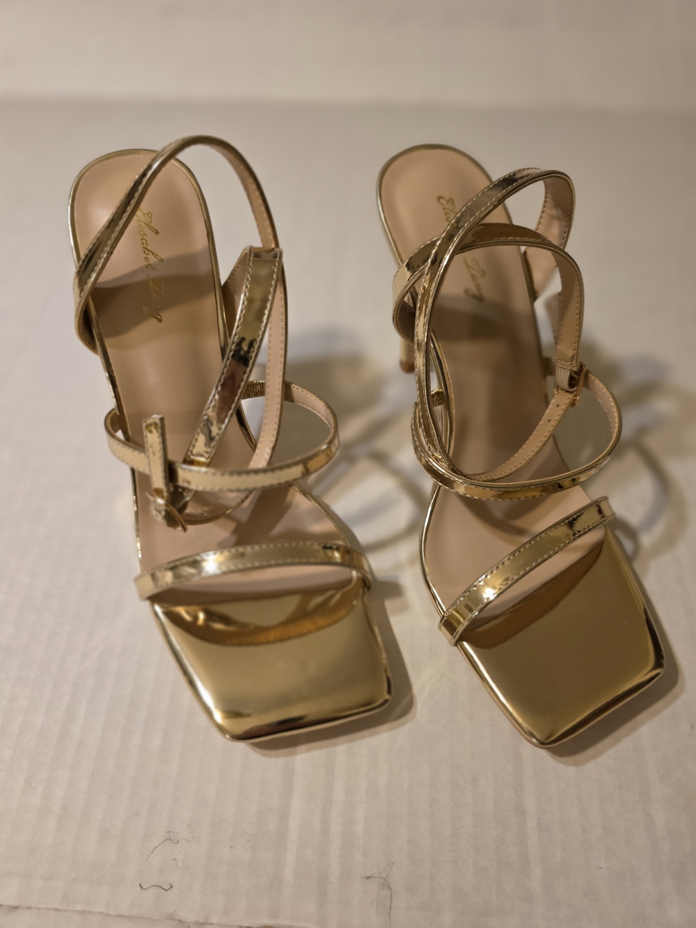 Metallic Gold Strappy Square-Toe Heels - Women's Evening Sandals